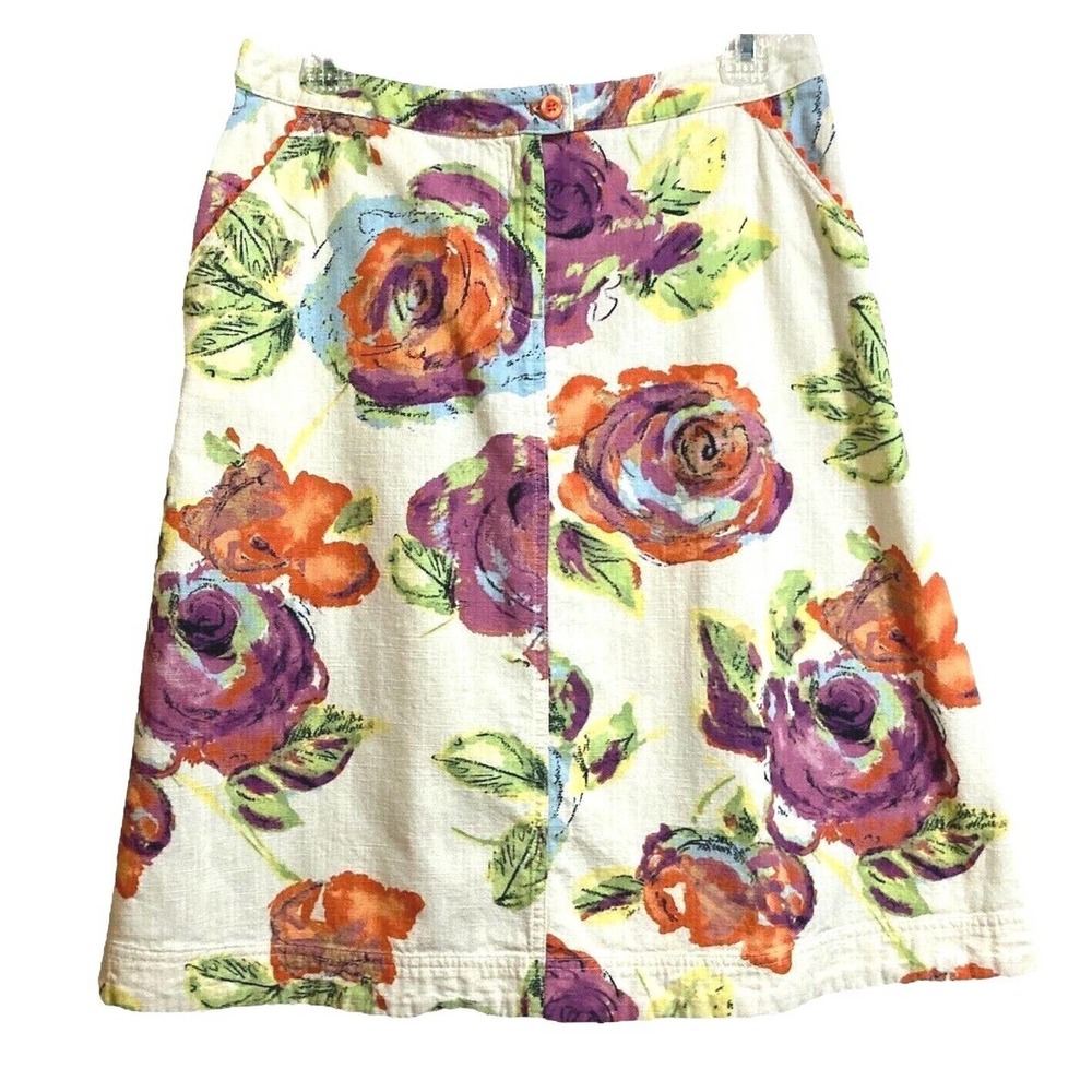 J Jill Beige Skirt Size 10P Floral A-Line Pockets Rick Rack Trim Cottage Classic